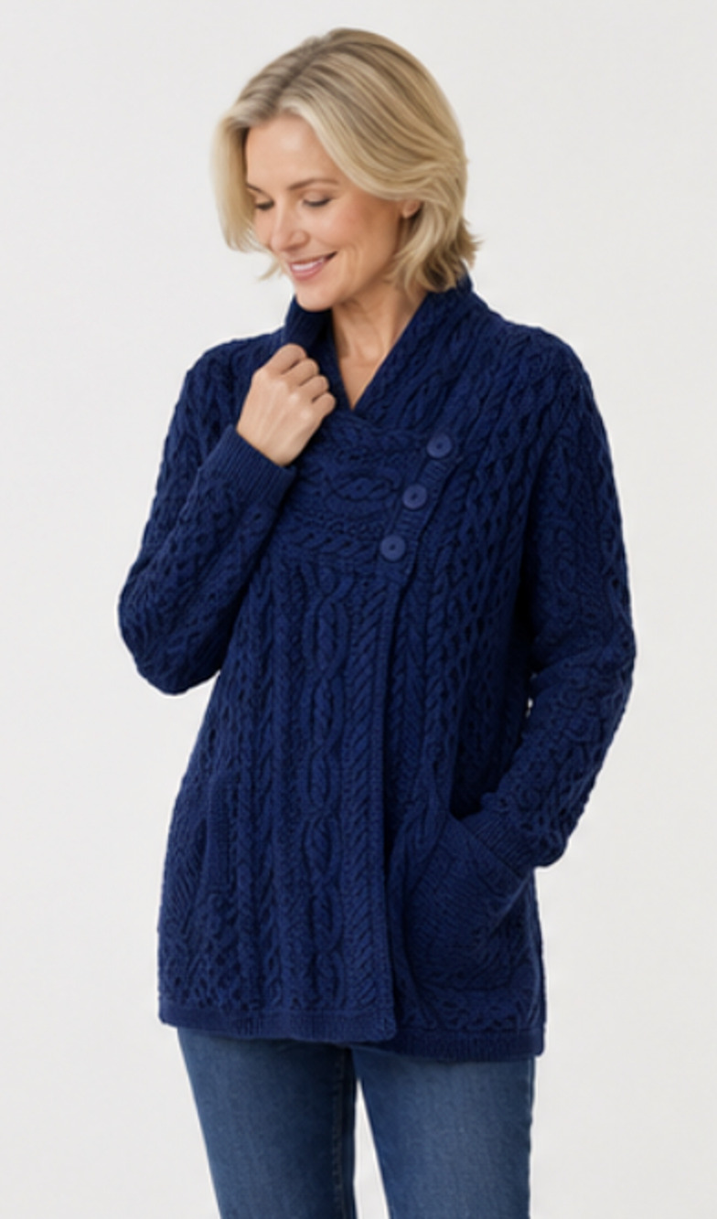 NEW ARAN CRAFTS DENIM BLUE MERINO WOOL BUTTON CLOSURE CARDIGAN SWEATER COAT XL